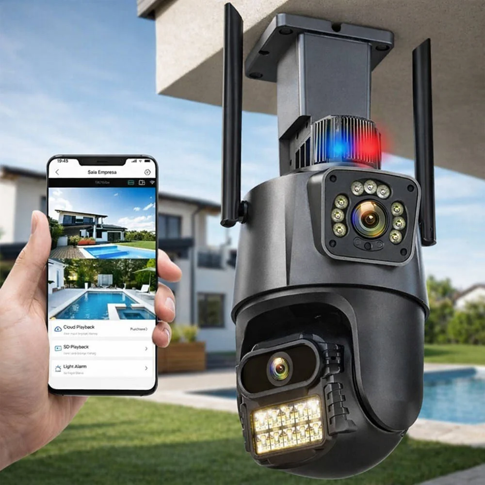 Вулична WiFi камера Dual Lens з картою пам’яті на 64 ГБ, 2 об’єктиви, поворотна, IP66, нічна зйомка