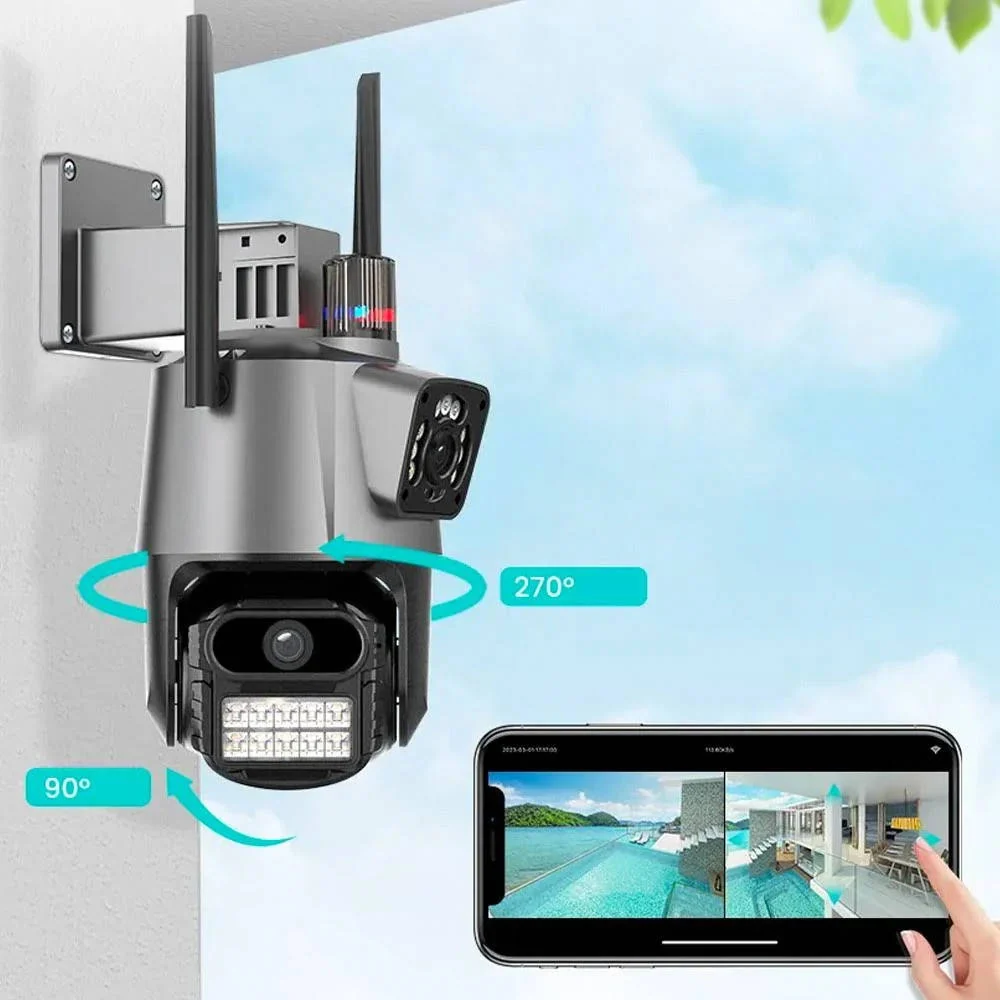 Вулична WiFi камера Dual Lens з картою пам’яті на 64 ГБ, 2 об’єктиви, поворотна, IP66, нічна зйомка