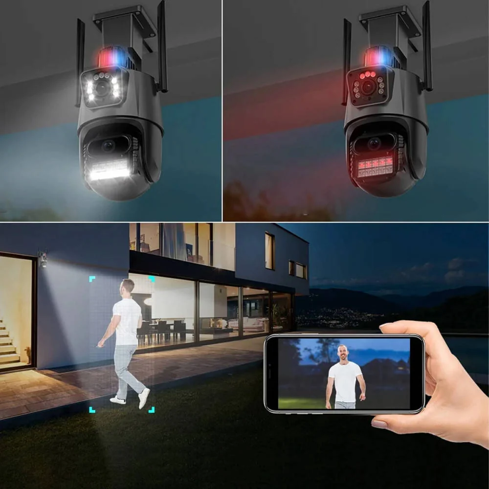 Вулична WiFi камера Dual Lens з картою пам’яті на 64 ГБ, 2 об’єктиви, поворотна, IP66, нічна зйомка